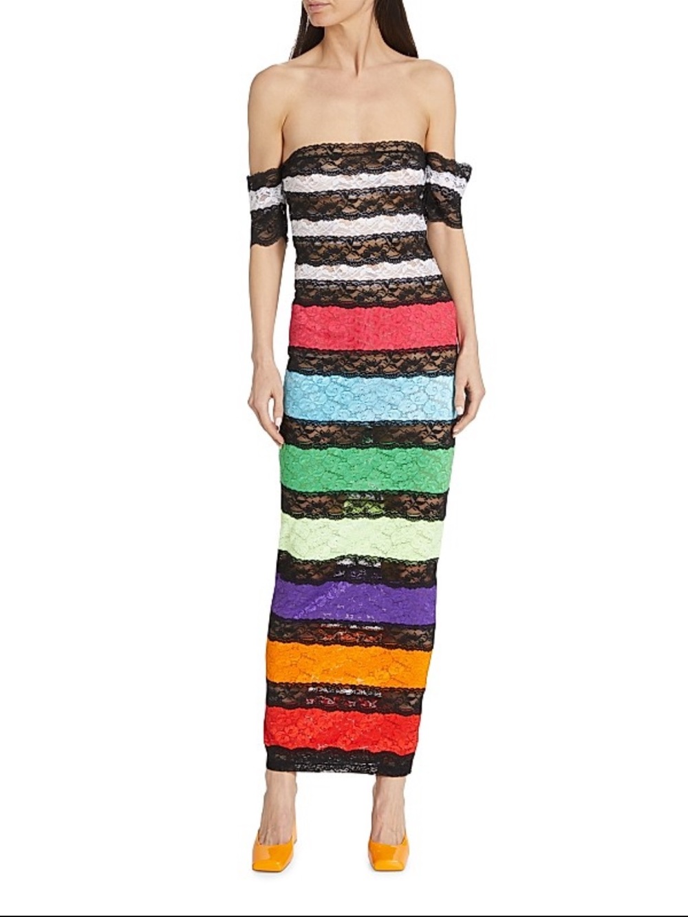 bruce glen rainbow Off-Shoulder Striped Lace Maxi Dress in Multicolor